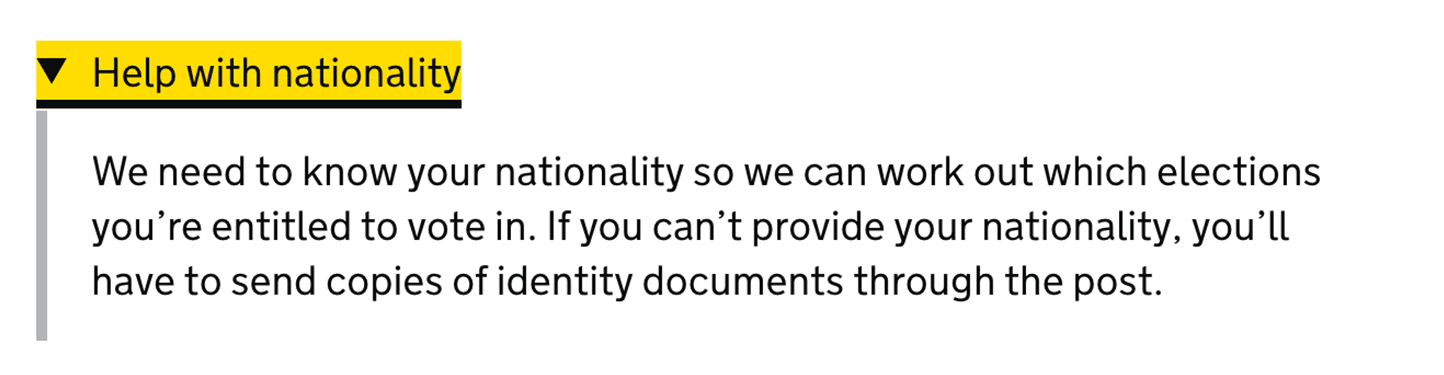 A focused details component. In the examples, the expandable text reads 'Help with nationality' and beneath is an explanation of why the user is being asked for this information.